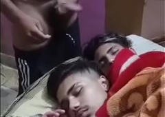 Indian desi gay boy strip nude jerking and cum on the face of sleeping teen roommates in make believe of friend