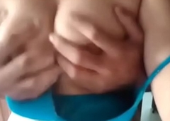 Desi wife boobs pressed on blue bra