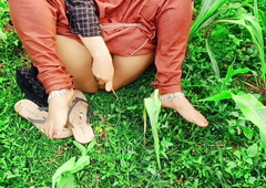 Beautiful housewife having sex with eggplant in their way pussy. In the mustard garden.outdoor sex.